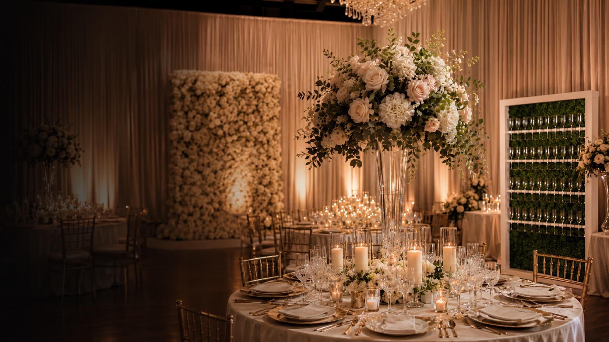 A candlelit ballroom reception with an ivory flower wall, champagne wall, and gold chiavari chairs